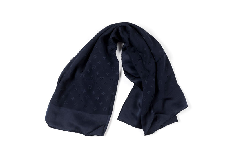 Louis Vuitton LV Monogram Silk Cashmere Brown Dark Blue Scarf Wrap