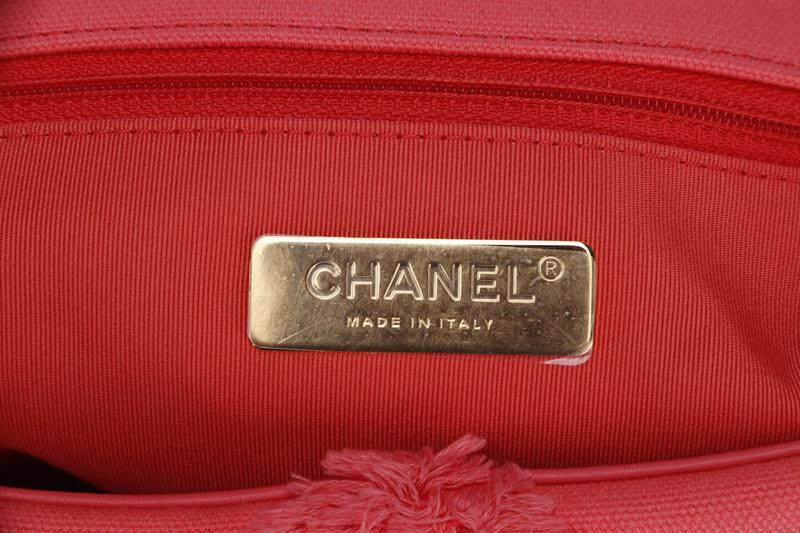 CHANEL 19 (3069xxxx) COTTON CANVAS GOLD-TONE, SILVER-TONE & RUTHENIUM METAL, CORAL COLOR, WITH CARD & DUST COVER