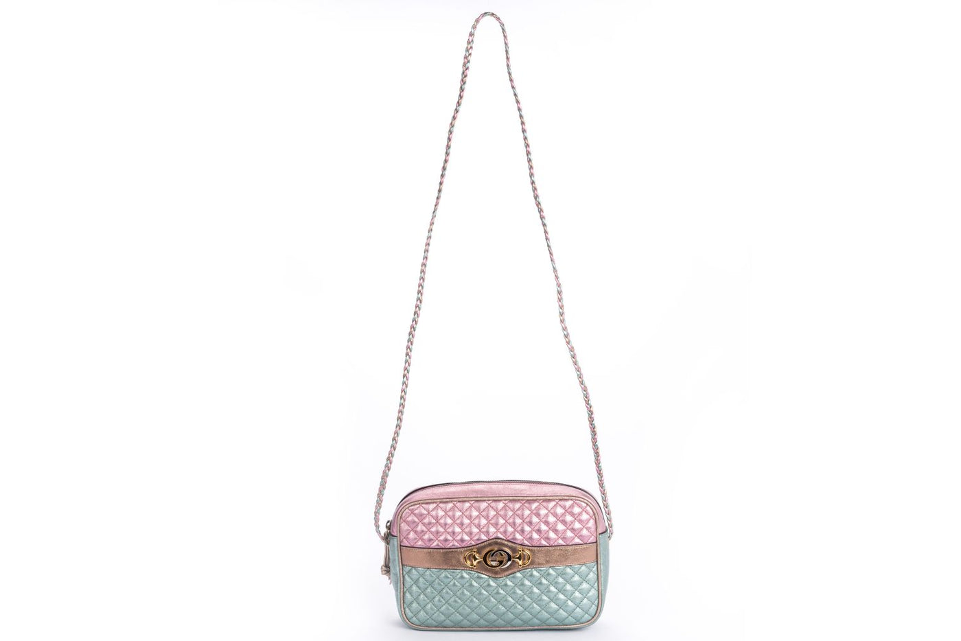 Gucci Laminate Shoulder Bag Quilted Pink Metallic Blue Metallic