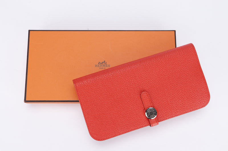 Hermes Dogon Wallet, Stamp Q, Cappucines Color Clemence Leather, Silver Hardware, with Box
