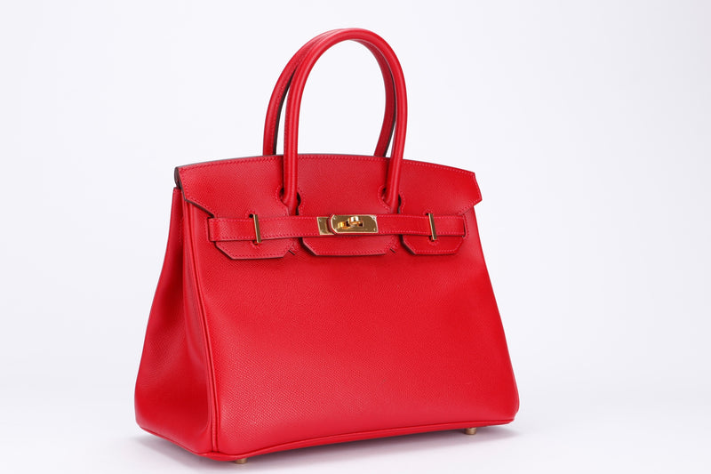 Hermes Birkin 30, Stamp Q, Rouge Casaque Color, Epsom Leather, Gold Hardware, with Dust Cover