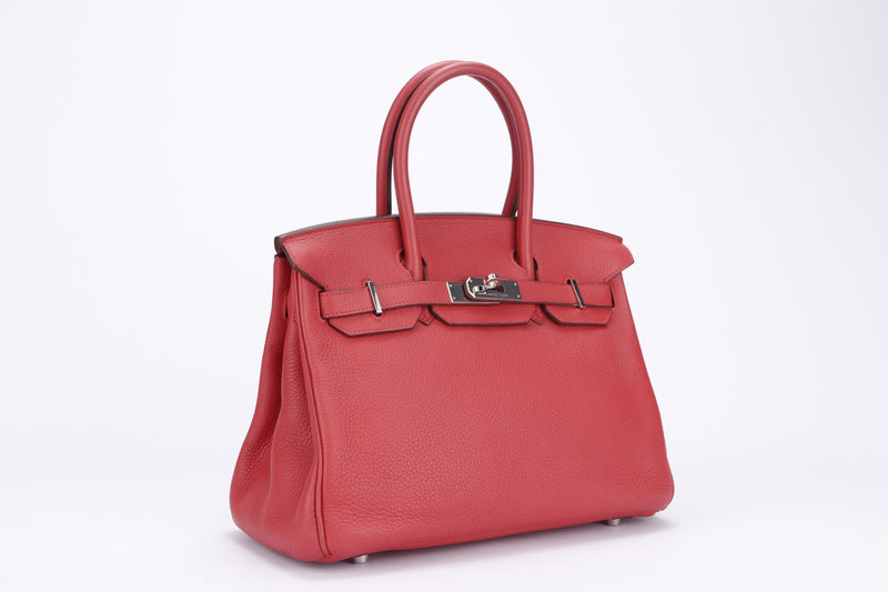 Hermes Birkin 30, Stamp N, Bougainvillea Color, Clemence Leather, Silver Hardware, with Lock, Keys, Raincoat, Dust Cover & Box