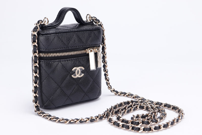 CHANEL MINI VANITY WITH TOP HANDLE TWO WAYS USE SLING BAG (3183xxxx) BLACK CAVIAR GOLD HARDWARE, WITH CARD, DUST COVER & BOX