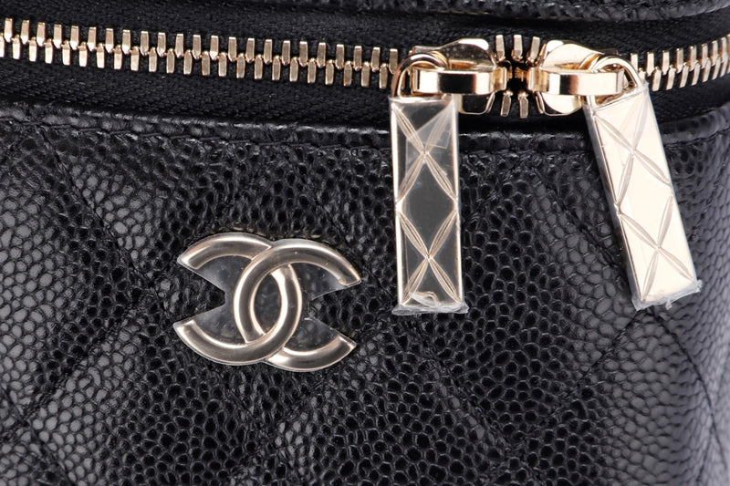 CHANEL MINI VANITY WITH TOP HANDLE TWO WAYS USE SLING BAG (3183xxxx) BLACK CAVIAR GOLD HARDWARE, WITH CARD, DUST COVER & BOX