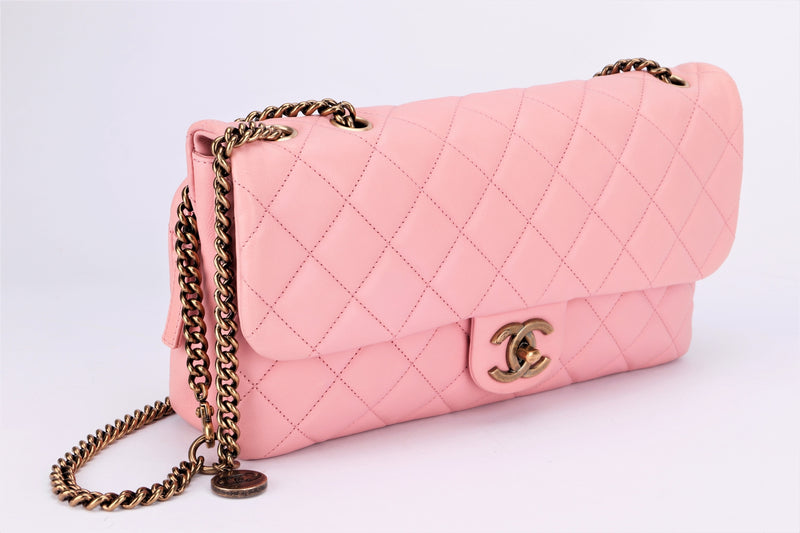 Chanel Quilted Pink Calf Leather Zippy Compartment Shoulder Bag (1875xxxx) width 28cm, Gold Chain, with Card & Dust Cover
