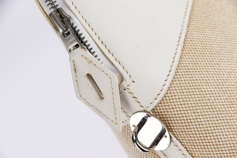 Hermes Bolide 31 (Stamp K) White Swift Leather X Toile, Silver Hardware, with Keys, Lock & Dust Cover