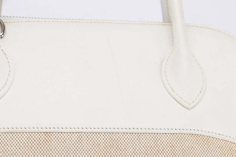 Hermes Bolide 31 (Stamp K) White Swift Leather X Toile, Silver Hardware, with Keys, Lock & Dust Cover