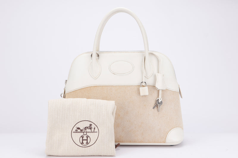 Hermes Bolide 31 (Stamp K) White Swift Leather X Toile, Silver Hardware, with Keys, Lock & Dust Cover