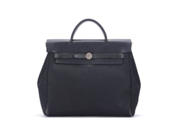HERMES HERBAG 28 (STAMP D SQUARE) BLACK CANVAS, SILVER HARDWARE, NO DUST COVER