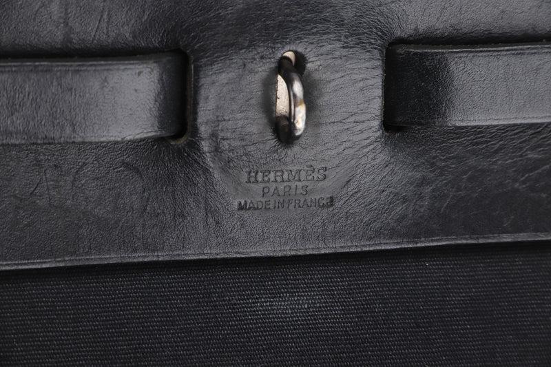 HERMES HERBAG 28 (STAMP D SQUARE) BLACK CANVAS, SILVER HARDWARE, NO DUST COVER