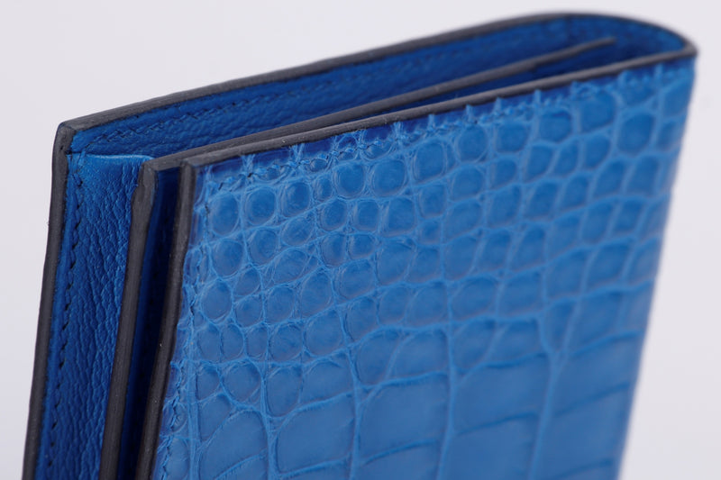 (Exotic) Hermes Bearn Wallet (Stamp D) Blue Matte Alligator, Gold Hardware, with Dust Cover & Box