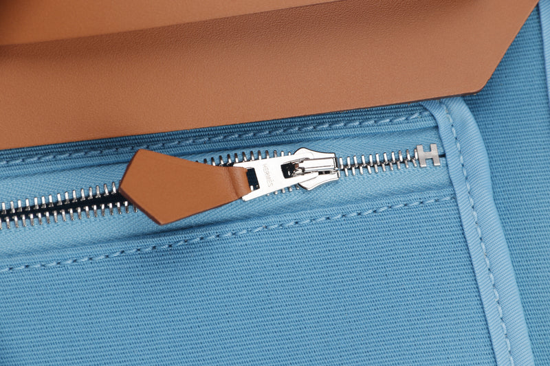 hermes herbag 31cm (stamp z) blue izmir color with pouch bag, canvas &  hunter leather, silver hardware, with lock, keys & dust cover