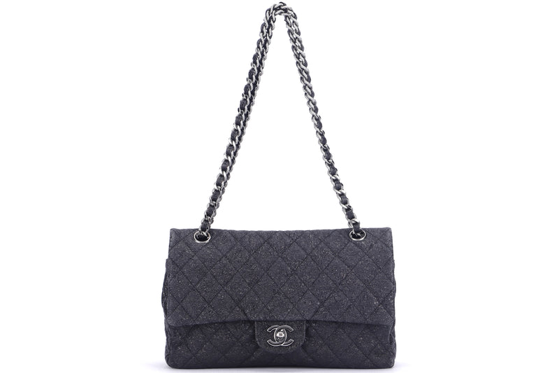 CHANEL CLASSIC FLAP (1147xxxx) MEDIUM WIDTH 25CM, BLACK COATED TEXTURE, SILVER HARDWARE, WITH CARD, DUST COVER & BOX
