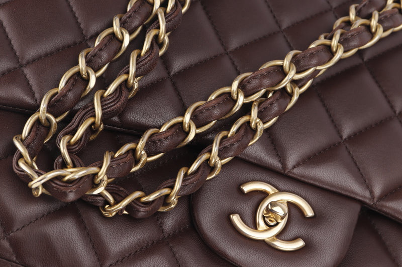 CHANEL CLASSIC FLAP MAXI SINGLE FLAP (1400xxxx) WIDTH 32CM, BROWN LAMBSKIN,  BRUSHED GOLD HARDWARE, WITH CARD, DUST COVER & BOX