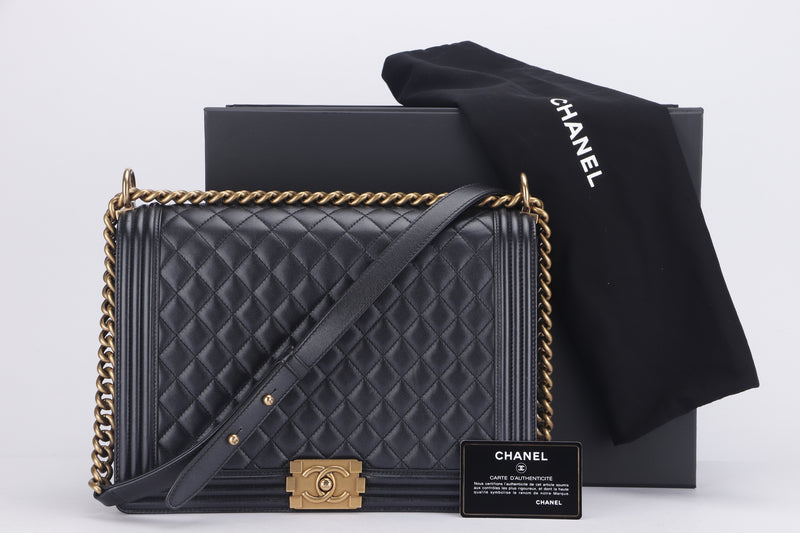 CHANEL LE BOY 30CM (1961xxxx) LARGE BLACK LAMBSKIN, GOLD HARDWARE, WITH  CARD, DUST COVER & BOX