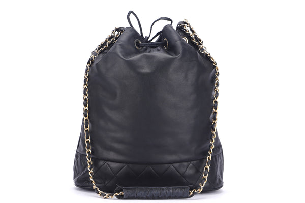 CHANEL VINTAGE BLACK LAMBSKIN BUCKET BAG, GOLD HARDWARE, WITH COIN POUCH, NO HOLOGRAM, CARD & DUST COVER