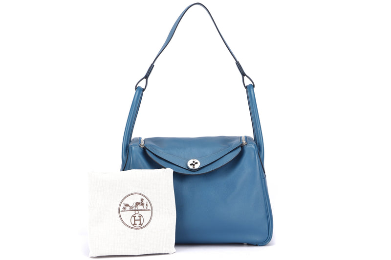 HERMES LINDY 30 (STAMP Q (2013)) BLUE COLVERT EVERCOLOR LEATHER SILVER HARDWARE, WITH DUST COVER