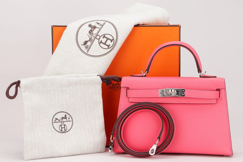 HERMES MINI KELLY II (STAMP B) ROSE AZALEE EPSOM LEATHER SILVER HARDWARE, WITH STRAP, DUST COVER & BOX