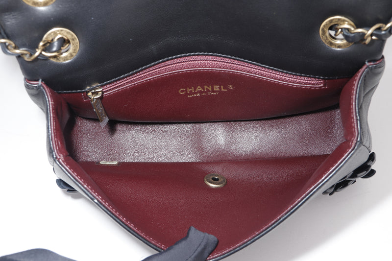 CHANEL CAMELLIA MEDIUM CLASSIC FLAP (2087xxxx) RETRO GOLD CHAIN, WITH CARD & DUST COVER