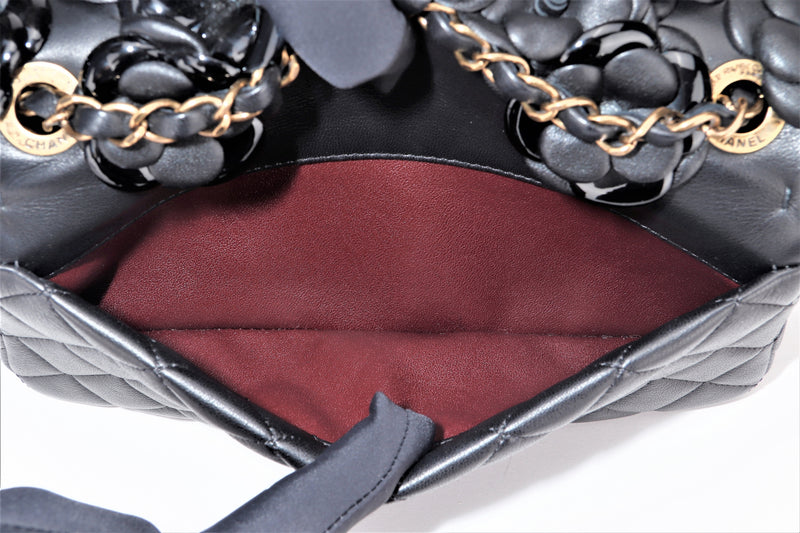 CHANEL CAMELLIA MEDIUM CLASSIC FLAP (2087xxxx) RETRO GOLD CHAIN, WITH CARD & DUST COVER