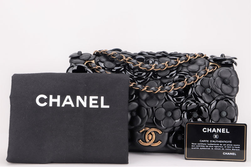 CHANEL CAMELLIA MEDIUM CLASSIC FLAP (2087xxxx) RETRO GOLD CHAIN, WITH CARD & DUST COVER