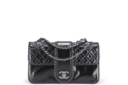 CHANEL BLACK PATENT SILVER CHAIN TRIM MEDIUM SHOULDER BAG (1134xxxx), WITH DUST COVER, NO CARD
