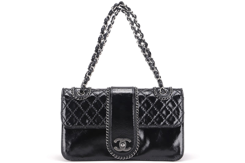 chanel black purse with silver chain