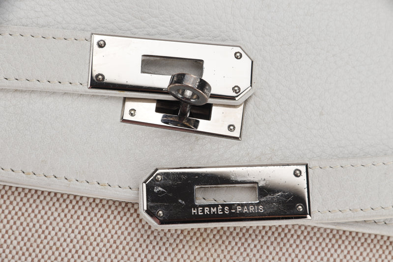HERMES KELLY 35CM (STAMP F YEAR 2002) RETOURN TOILE & WHITE CLEMENCE LEATHER, PALLADIUM HARDWARE, WITH LOCK, KEYS & DUST COVER, NO STRAP