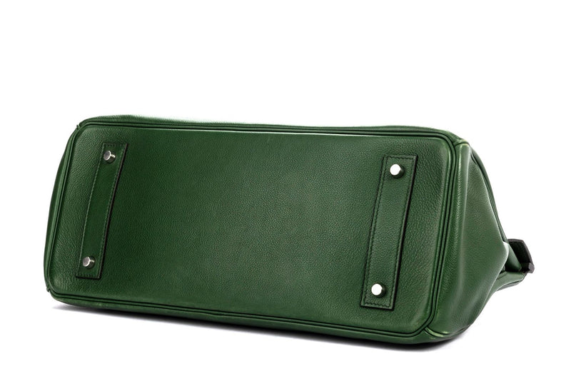 Hermes Shoulder Birkin 24cm (Stamp O) Dark Green Evergrain Leather, Silver Hardware with Rain Coat, Lock, Dust Cover & Box