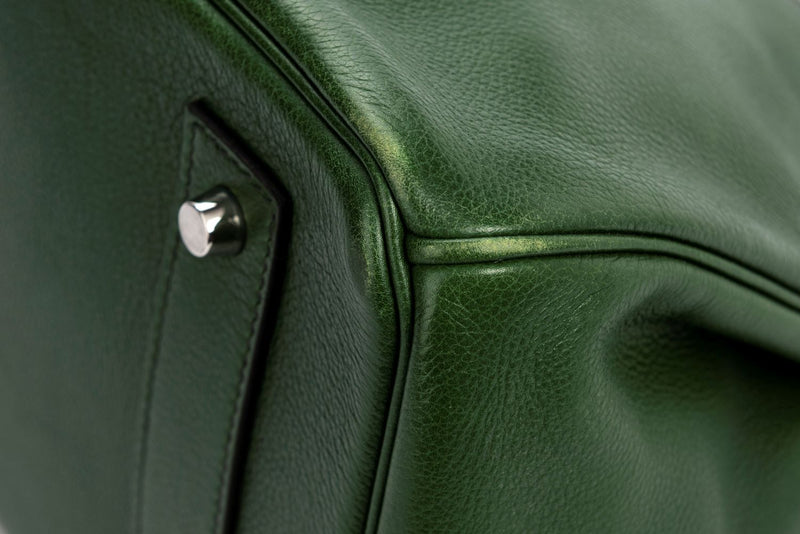 Hermes Shoulder Birkin 24cm (Stamp O) Dark Green Evergrain Leather, Silver Hardware with Rain Coat, Lock, Dust Cover & Box