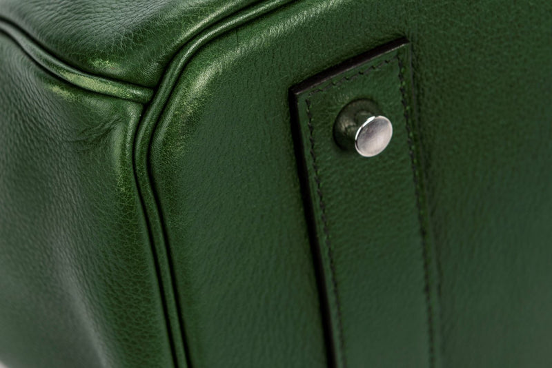 Hermes Shoulder Birkin 24cm (Stamp O) Dark Green Evergrain Leather, Silver Hardware with Rain Coat, Lock, Dust Cover & Box