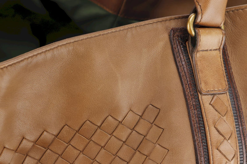 Bottega Veneta Tote Bag, Light Brown Color Leather, Green Color Interior