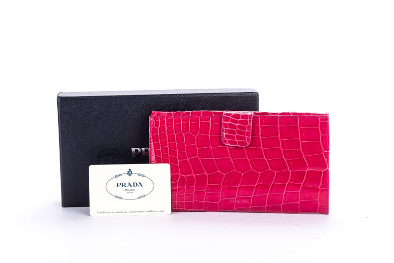 (Exotic) Prada Fuchsia Croc Leather Wallet (1M1133) with Card & Box