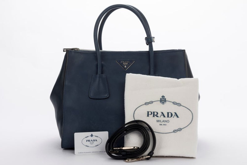 Prada BN2762 Blue Smooth Calf Leather 2 Way Use Bag, with Card, Strap & Dust Cover