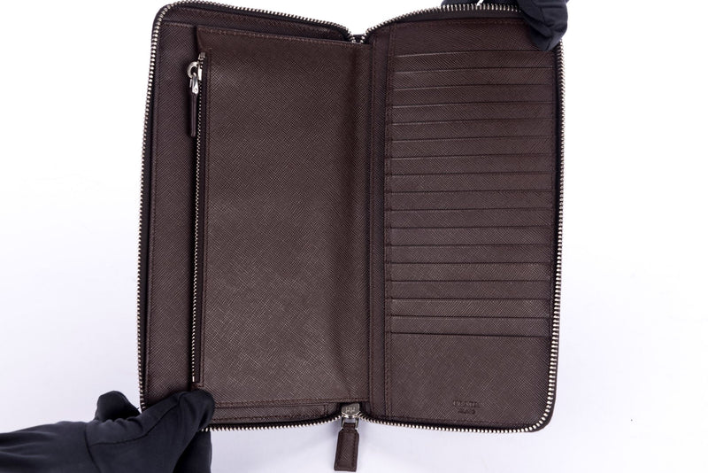 Prada Dark Brown Saffiano Zippy Wallet 2M1220 with Cards & Box