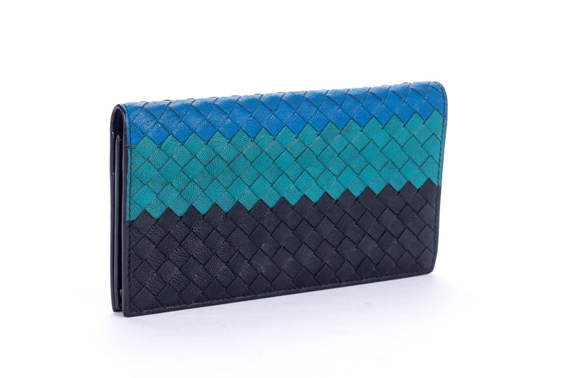 Bottega Veneta Blue, Green, Black Intrecciato Long Flap Wallet with Dust Cover & Box
