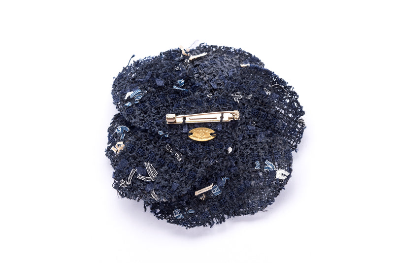 Chanel Camellia Brooch in Blue X White Tweed, no Box