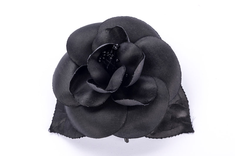 Chanel Camellia Brooch All Black with Leaf, with Box