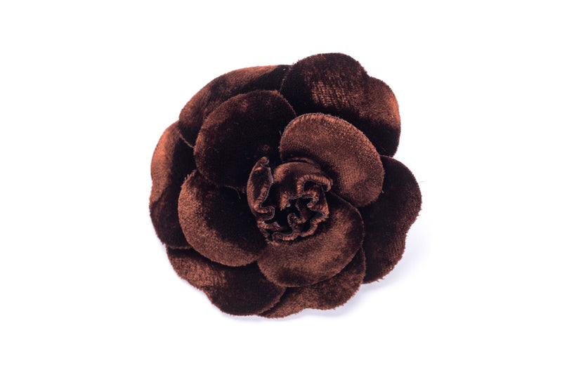 Chanel Camellia Brooch Brown Color Velvet, with Box