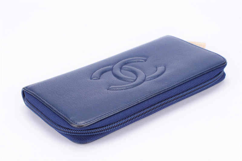 Chanel Timeless Blue Color Calf Leather Long Zippy Wallet (2282xxxx), with Card, no Dust Cover & Box