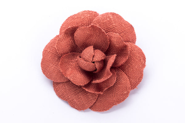 Chanel Canvas Dark Peach Camellia Brooch, no Box