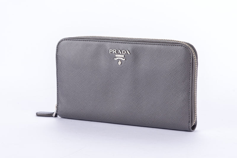 Prada (1M0506) Grey Saffiano Zippy Wallet with Card & Box