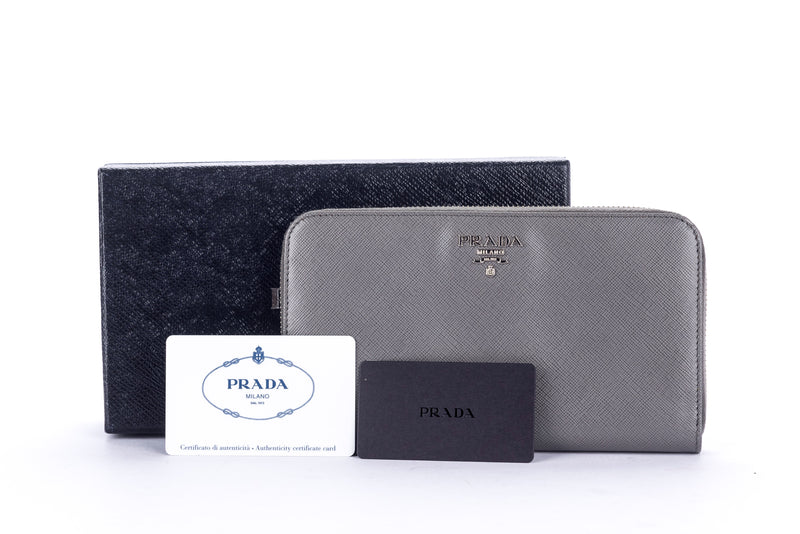 Prada (1M0506) Grey Saffiano Zippy Wallet with Card & Box