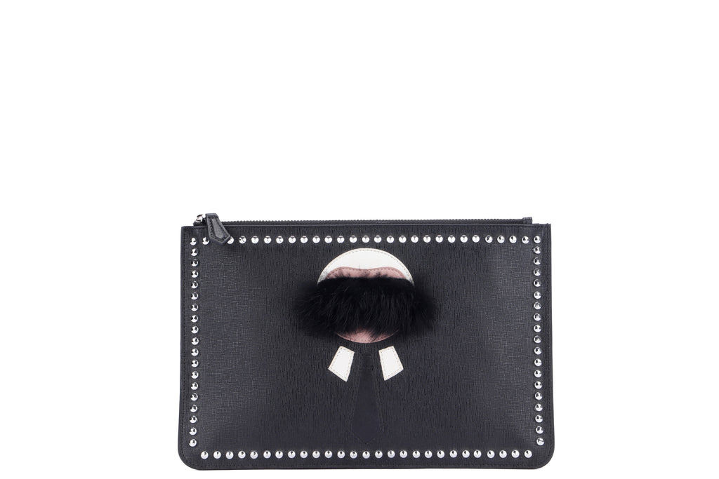 Fendi Karl Lagerfeld Studded Zippy Clutch, Black Color, Mink Fur 