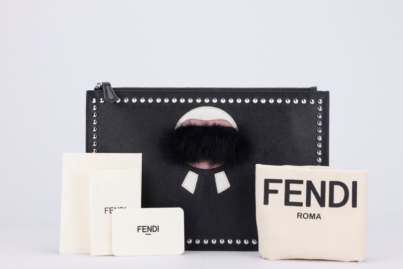 Fendi Karl Lagerfeld Studded Zippy Clutch, Black Color, Mink Fur & Leather