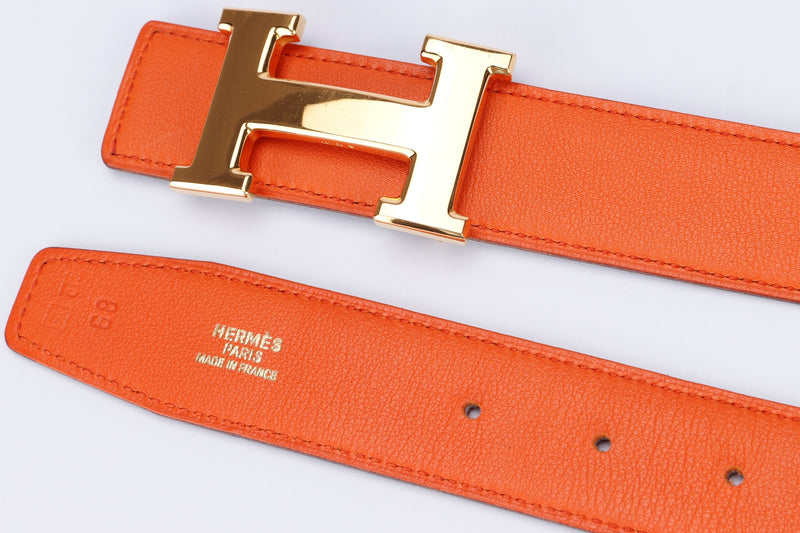 Hermes Gloss Gold Buckle Belt (Stamp A) 68 X 3cm, Orange X Dark Brown, with Box