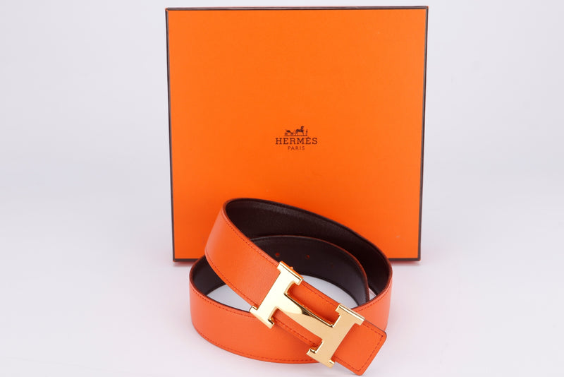Hermes Gloss Gold Buckle Belt (Stamp A) 68 X 3cm, Orange X Dark Brown, with Box