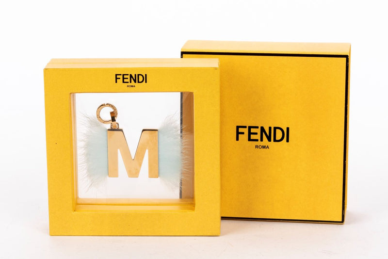 Fendi M with Blue Fur Key Chain, with Box