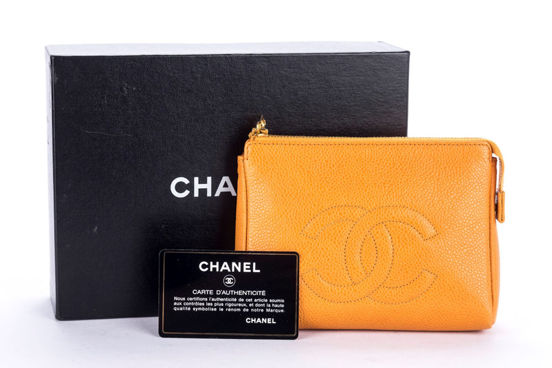 Chanel Timeless Papaya Caviar Leather Zippy Pouch with Card & Box
