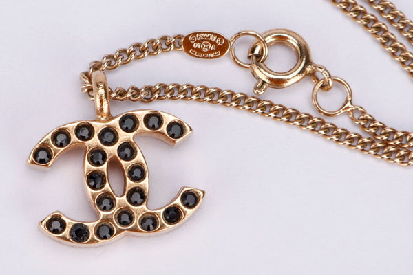 Chanel Vintage GP Necklace Black Dotted Enamel CC
